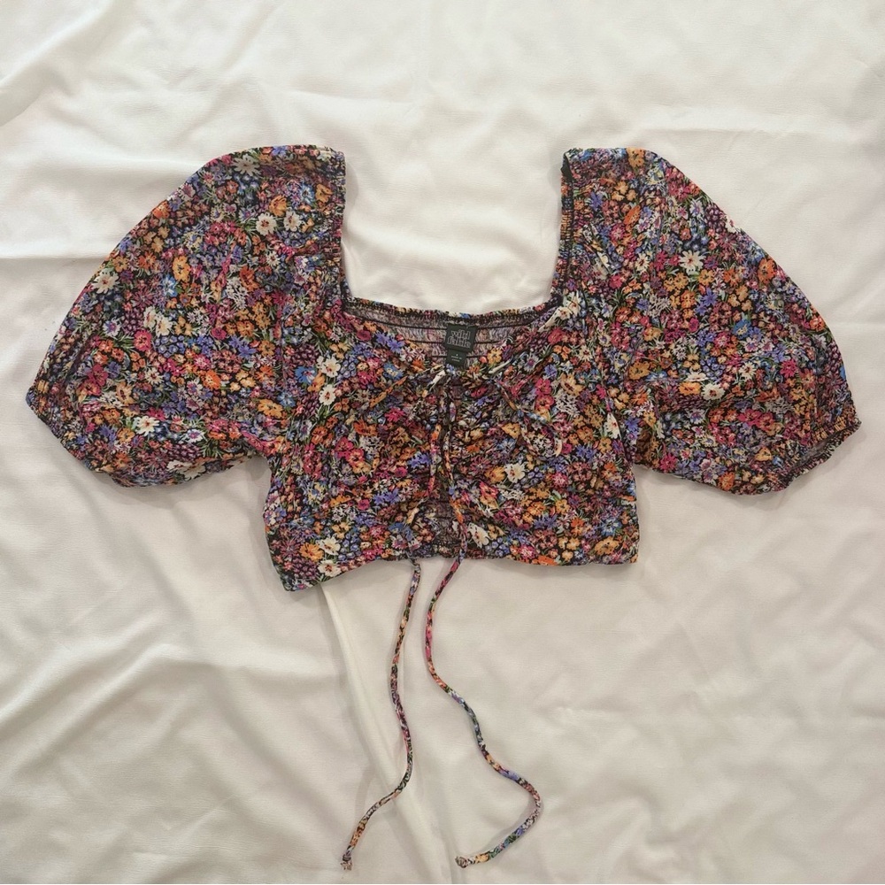 wild fable Balloon Sleeve Crop Top, Smocked Back, Floral Print, Size Small - Picture 2 of 8